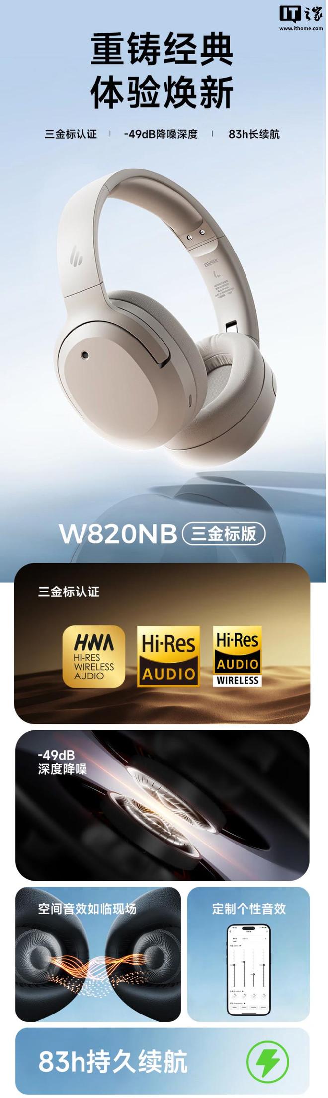 标版”头戴式蓝牙耳机369 元漫步者推出“W820NB 三金(图1)